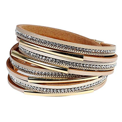 Artilady Leather Wrap Bracelet for Women, Pearl Beaded Bangle Stack Jewelry | Easy on-off, Elegant Handmade Multi-Layered, Daily Casual Date Beach Vacation, Gift for Ladies, Mother, Sister & Friend - style: Light Brown with Gold bar