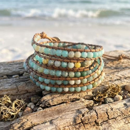 YGLINE Natural Stone Wrap Bracelet for Women Boho Bracelets Healing Crystal Beaded Bracelet Adjustable 3/5 Wraps Bracelet Handmade Birthday Gifts for Women - color: Amazonite(5 wraps)