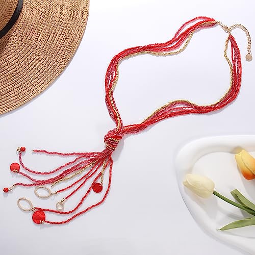 Coiris Long Seed Beaded Multi Strand Necklace,10 Multiple Statement Long Bib Necklace with Tie Knot for Women and Girls Jewelry - color: Red