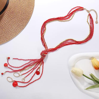 Coiris Long Seed Beaded Multi Strand Necklace,10 Multiple Statement Long Bib Necklace with Tie Knot for Women and Girls Jewelry - color: Red