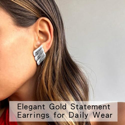 Geometric Rectangle Gold Plated Stud Earrings Irregular Hammered Chunky Statement Square Earrings for Women Trendy - color: Silver Wings
