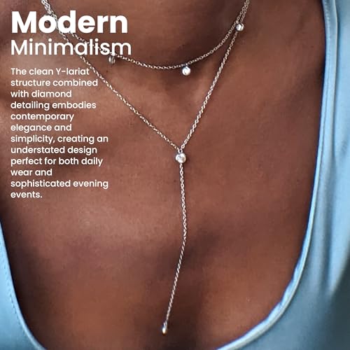 Faire de la Mode Dainty Drop Lariat Necklace for Women, 16" to 18" Adjustable Length Double CZ Lariat Y Necklace - color: Silver