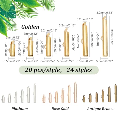 PH PandaHall 480pcs Slider End Clasps 4 Colors Beading Tubes Slider End Caps Slide Tube End Bar for Seed Beads Looms Multi-Strand Necklace Bracelet Jewelry Making (10/13 / 16/20 / 25 / 30mm)