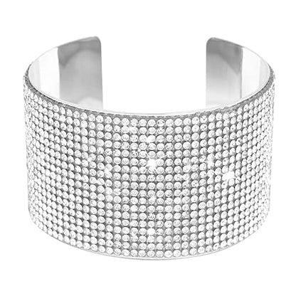 Rhinestone Bracelet Crystal Arm Cuff Bangle Bracelets for Women Adjustable | Open Cuff, Wide Arm Bangle, Stretchable, Hypoallergenic, Bridal Jewelry, for Prom Cocktail Party Wedding Dating - color: Silver