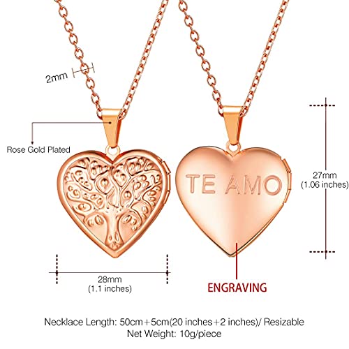 U7 Women Locket Necklace, Heart Photo Lockets Hold Picture, Gift Box Packed | Gold/Silver/Rose Locket Charm, Custom Picture and Engravement Heart Pendant, 20" Chain, Personalized Gift for Mom Wife Friend - color: 04# Rose Gold(Tree of Life)