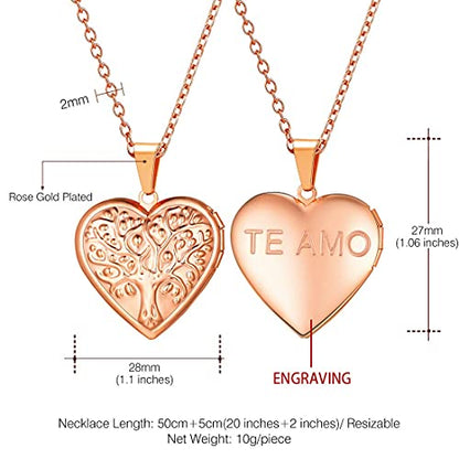 U7 Women Locket Necklace, Heart Photo Lockets Hold Picture, Gift Box Packed | Gold/Silver/Rose Locket Charm, Custom Picture and Engravement Heart Pendant, 20" Chain, Personalized Gift for Mom Wife Friend - color: 04# Rose Gold(Tree of Life)