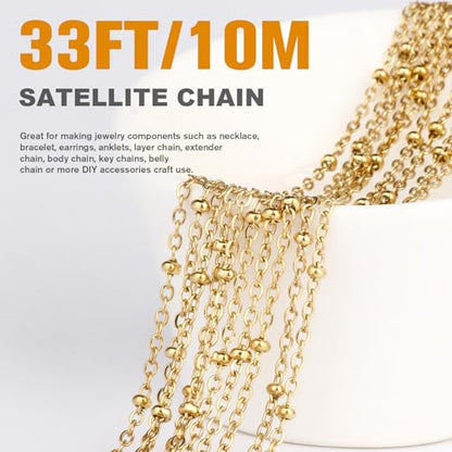 33FT 2mm 18K Gold PVD Plated Satellite Chain Roll Bulk for Jewelry Making | Gold Plated 304 Stainless Steel Ball Beaded Cable Link Chains Spool for DIY Craft - color: Gold Small Beads Satellite Cable Chain