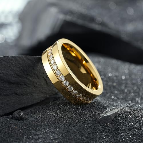 King Will Mens Tungsten Wedding Band with Cubic Zircon Inlay 7mm/8mm Flat Cut Comfort Fit Engagement Rings - color: Gold&White