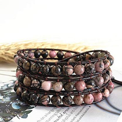 Boho Wrap Bead Bracelet for Women - Handmade Adjustable Natural Stone Beaded Bracelets Yoga Healing Bracelet Bangle Hippie Jewelry - color: Black Rutile