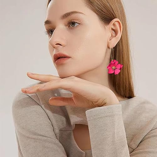 Bohemian Daisy Flower Matte Floral Long Petal Drop Dangle Earrings Layered Tiered for Women Chic Boho Wedding Jewelry - color: Light Red