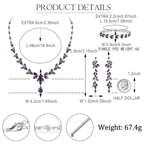 EVER FAITH Marquise Crystal Leaf Bridal Prom Jewelry Set for Women Bride | Rhinestone Wedding Party Necklace Dangle Earrings Tennis Bracelet, for Bridesmaid - color: Purple Silver-Plated-Base