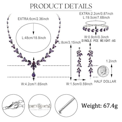 EVER FAITH Marquise Crystal Leaf Bridal Prom Jewelry Set for Women Bride | Rhinestone Wedding Party Necklace Dangle Earrings Tennis Bracelet, for Bridesmaid - color: Purple Silver-Plated-Base