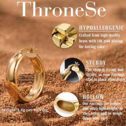 8mm Wide Gold Hoop Earrings for Women Hypoallergenic 925 Sterling Silver post Lightweight Large 14k Chunky Gold Hoop Earrings for Women 20/30/40/50/60mm - color: Gold 30mm
