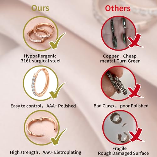 316L Surgical Steel Huggie Hoop Earrings | Dainty Pave Cubic Zirconia Cartilage Tiny Earring for Sensitive Ears Hypoallergenic Lightweight for Women Men - style: Rose Gold Plated,20G*8mm
