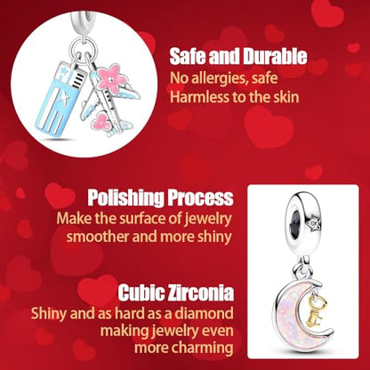 10 Pack Silver Bead Charms Compatible with Charms Bracelet Necklace, Silver Charms for Bracelets for Women, the Pendant Dangle Beads with Cubic Zirconias Are the Perfect Jewelry Gift for Women, Ideal for Christmas, Birthdays, Mother's Day, and Valentine's