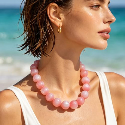 Beaded Necklace for Women Boho Chunky Large Round Beaded Statement Choker Trendy Adjustable Resin Necklaces Summer Beach Jewelry Gifts - color: Light Pink