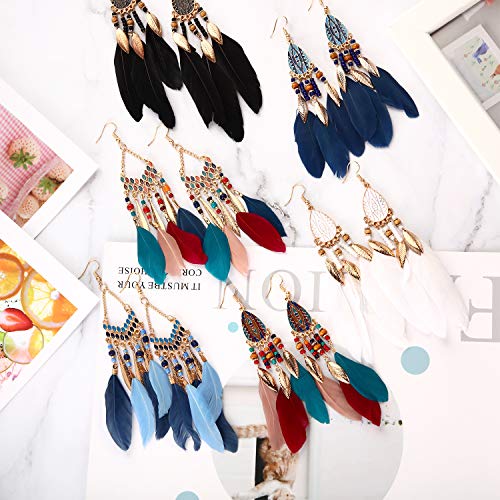 6 Pairs Women Faux Feather Earrings Dream Catcher Bohemian Fringe Tassel Long Drop Dangle Earrings Set with Design for Women - style: Style 1
