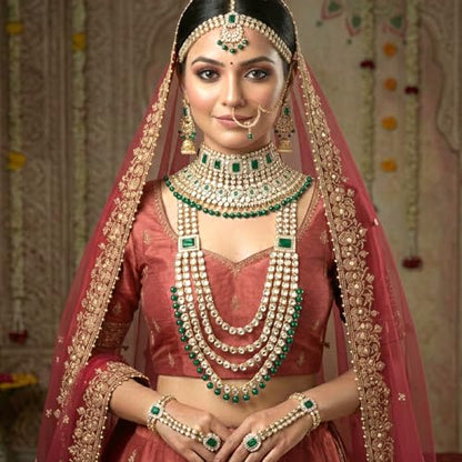 Aheli Traditional Wedding Indian Bharatanatyam jewellery set Long Choker Necklace Earrings Maang Tikka Nath Paasa Hath Phool for Women - color: Green