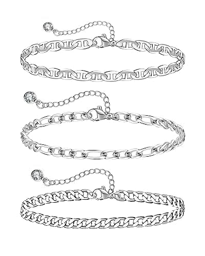 Sterling Silver Ankle Bracelets for Women Strong Lobster Clasp - Cuban Link, Figaro, Rope, Flat Mariner, Snake Herringbone, Satellite, Paperclip - Summer Beach Waterproof Silver Anklet - color: Curb, Figaro, Flat Mariner