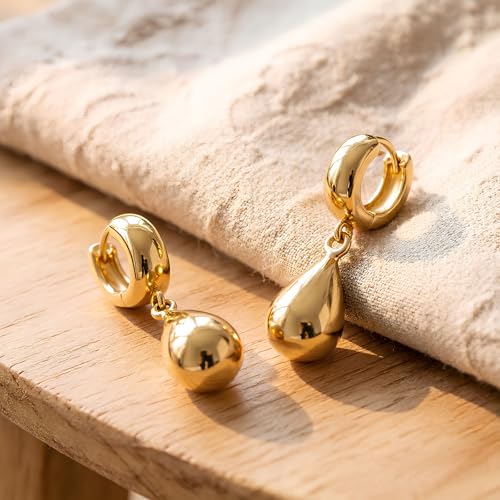 14K Gold Plated Chunky Huggie Hoop Earrings, Plump Teardrop Dangle Drop Earrings Elegant Statement Jewelry for Women - color: teardrop-short/gold