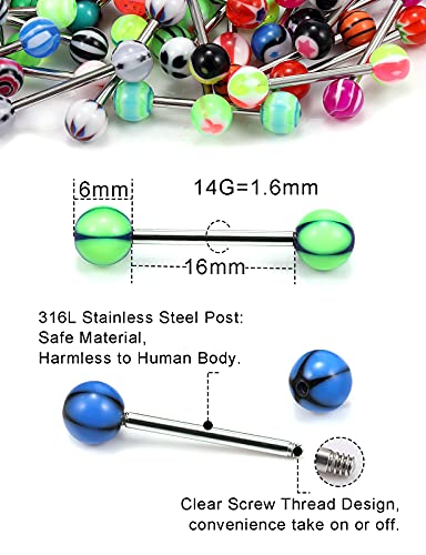 100pcs 14g Tongue Rings Nipple Rings for Women Men Surgical Stainless Steel Tongue/Nipple Piercing Jewelry Plastic Metal Tongue Ring 16MM Acrylic Straight Barbells Body Piercing Jewelry - color: A-100PCS Metal Tongue/Nipple Rings 16mm