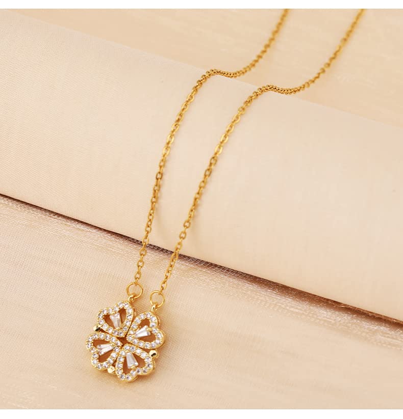 Four Leaf Clover Necklace Foldable for Women,925 Sterling SIlver Bling zircon stone Four Heart Grass Women's Necklaces Crocker ,Retro Magnetic Folding Love Heart Pendant One Style,Two Wearing Methods - color: Gold