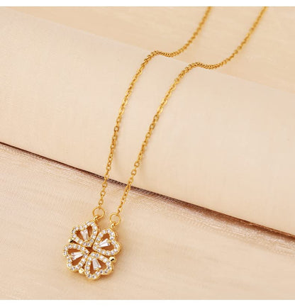 Four Leaf Clover Necklace Foldable for Women,925 Sterling SIlver Bling zircon stone Four Heart Grass Women's Necklaces Crocker ,Retro Magnetic Folding Love Heart Pendant One Style,Two Wearing Methods - color: Gold