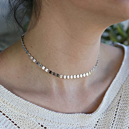 CHESKY 14K Gold Plated Silver Dainty Satellite Choker Necklace for Women | Layered Beaded Chain Necklace, Thin Choker Jewelry, Dainty Gold necklace, Minimalist Trendy Jewelry, Daily Gift for Women - style: Disc+Silver