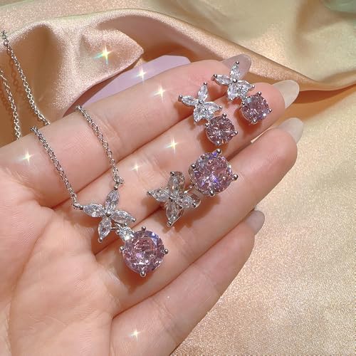 Elegant Jewelry Set Necklace for Women，Adjustable Dainty Cubic Zirconia Trendy Choker Pendant Necklace+Earrings+Ring, Mother's Day Valentine's Day Gifts Pendant Set for Women 3PCS - color: purple Flower