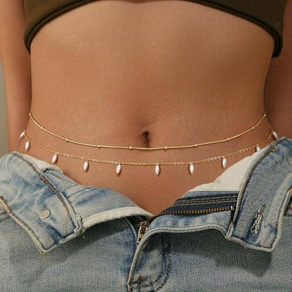 CHESKY Waist Beads for Women, 14k Gold Plated Waist Chain Gold Chain Belt for Womens Simple Body Chain Jewelry Belly Chain Beach Accessories Dainty Gold Jewelry for Women Gifts Rave Outfits for Womens - style: pearl chain-gold