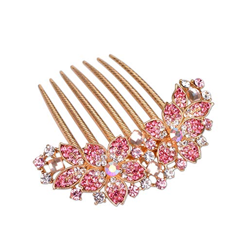 Women Rhinestone Inlaid Flower Hair Comb Hairpin Barrette Accessory,Also Perfect Mother's Day Gifts for Mom (Pink) - color: Pink