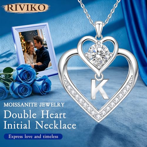 RIVIKO 1 Carat Moissanite Heart Initial Necklace for Women,Letter Pendant | 925 Sterling Silver Chain,Personalized Jewelry,Anniversary Birthday Gifts for Wife Friend Mom - color: Letter K