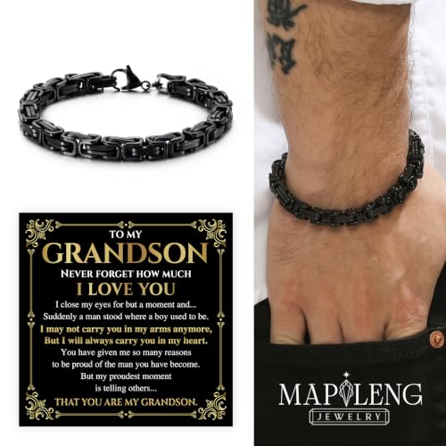 Grandson Gifts from Grandma Grandpa, Black Stainless Steel Bracelet with Meaningful Message Card, Birthday Gift for Grandson, Graduation Christmas Gift, Inspirational Keepsake Jewelry for Men - color: Grandson #1