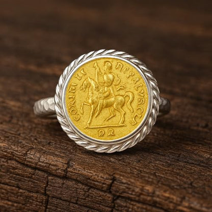 CAPRIXUS Signet Ring 925 Sterling Silver Coin Ring 24K Gold Vermeil Designer Handmade Rings for Women Two Tone Hammered Pinky Ring Turkish Fine Jewelry