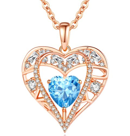 5 Heart I Love You Necklace for Women, Birthstone Crystal Pendant, Birthday Gift for Her, Wife, Mom, Rose Gold or Gunmetal Plated, 925 Sterling Silver Chain 18"+2" - color: 03-March-Aquamarine Aqua Blue-Rose Gold Plated
