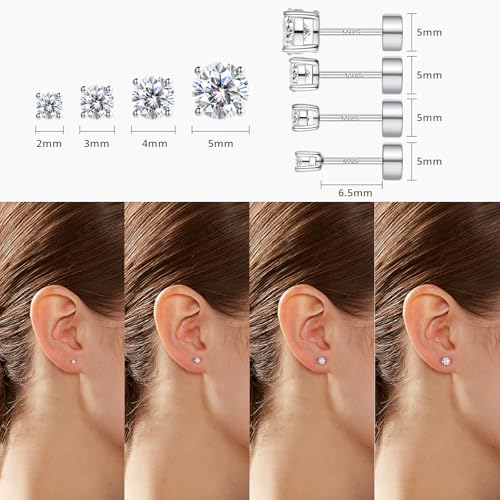 4 Pair Moissanite Stud Earrings,Flat Back Earrings for Women | 14K/White Gold Plated S925 Sterling Silver Flat Back Earrings Set, Hypoallergenic Cartilage Piercing Jewelry - color: White Gold