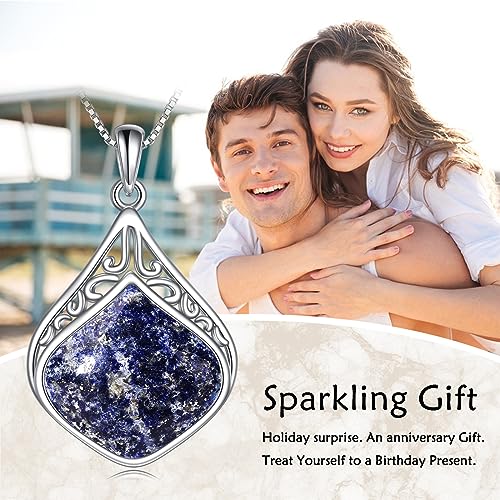 YAFEINI Teardrop Necklace Sterling Silver Filigree Irish Pendant Necklace Natural Stone Moonstone/Lapis Lazuli/Larimar/Moss Agate Necklace Jewelry - color: Light Lapis lazuli teardrop necklace