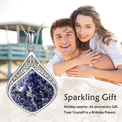 YAFEINI Teardrop Necklace Sterling Silver Filigree Irish Pendant Necklace Natural Stone Moonstone/Lapis Lazuli/Larimar/Moss Agate Necklace Jewelry - color: Light Lapis lazuli teardrop necklace