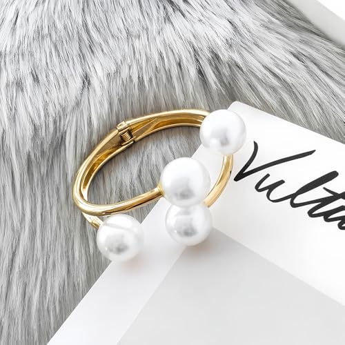 Gold Pearl Hand Cuff Bracelets for Women Chunky Large Pearls Cuffs Statement Bracelet Luxury Big Fake Faux Pearl Ball Handcuffs Jewelry Unique Pearly Gifts - color: Gold