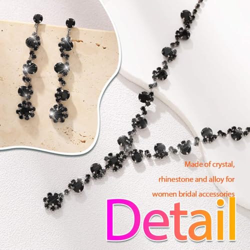 Aukmla Rhinestone Wedding Prom Jewelry Sets Silver Diamond Necklaces and Earring Bracelet Set for Brides and Women - color: Black