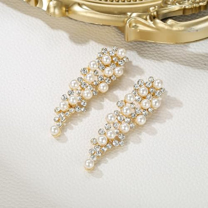 Bridal Statement Clip-on Earrings for Women Gorgeous Shiny Rhinestones Simulated Pearl Multi Beaded Cluster Chandelier Dangle Jewelry for Wedding Party Prom - color: Clear Gold-Tone
