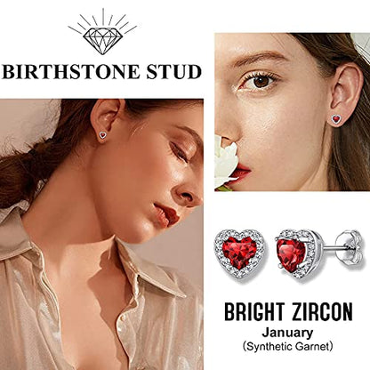 Bestyle Sparkling 925 Sterling Silver Birthstone Stud Earrings for Women, Heart/Round/Teardrop/Square Solitaire Diamond Studs Earrings, Great Birthday/Christmas Gifts - style: 01. Red Garnet-Jan.-heart