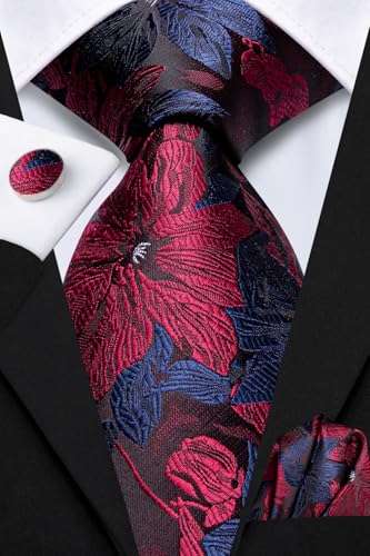 Dubulle Mens Paisley Striped Tie Woven Necktie for Men and Handkerchief Cufflinks Set Wedding Formal Business - color: Blue Burgundy