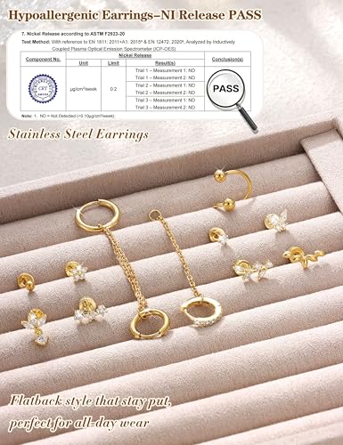 Cartilage Earrings for Women - 14K Gold Plated Flat Back Helix Conch Tragus Piercing Jewelry Single Stainless Steel Stud Earrings Hoops Stackable Set - color: Gold Tone