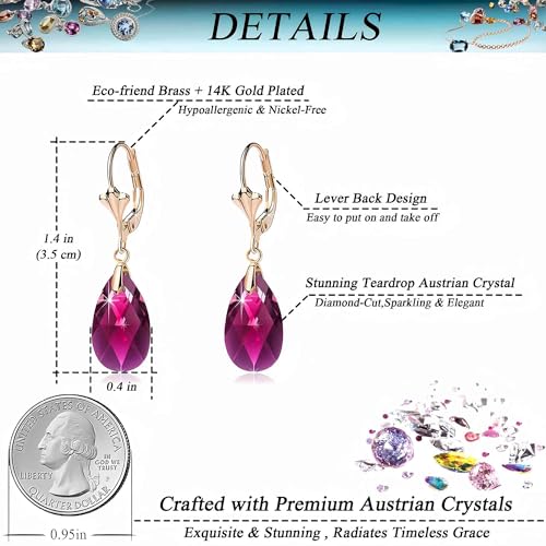 Austrian Crystal Teardrop Leverback Dangle Earrings for Women Fashion 14K Gold Plated Hypoallergenic Jewelry - color: Fuchsia