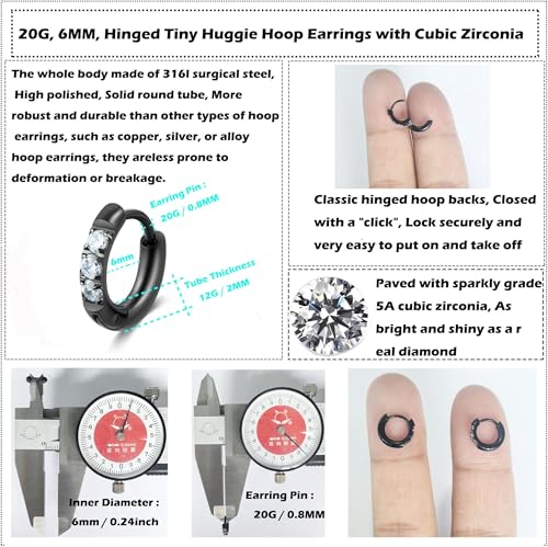 Hypoallergenic Unisex Surgical Steel Small Cubic Zirconia Huggie Hoop Earring, Color Gold - Silver - Rose Gold - Black - Rainbow, Size 6mm- 12mm Safe for Sensitive Ear - style: A01 : 6MM Black Hoops(2mm thickness)