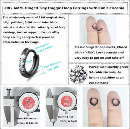 Hypoallergenic Unisex Surgical Steel Small Cubic Zirconia Huggie Hoop Earring, Color Gold - Silver - Rose Gold - Black - Rainbow, Size 6mm- 12mm Safe for Sensitive Ear - style: A01 : 6MM Black Hoops(2mm thickness)
