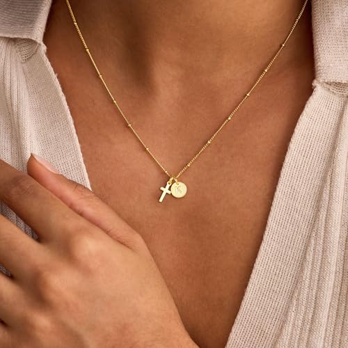 Turandoss Cross Necklaces for Girls, Faith Baptism Jewelry Birthday Gifts | 14K Gold Plated Initial A-Z Cross Pendant Necklace Trendy Birthday Jewelry Gifts for 8 9 10 11 12 13 14 15 16 Teen Girls - color: Gold-M