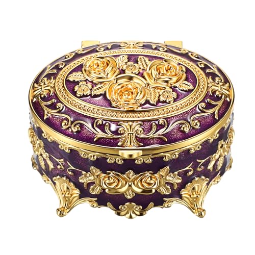 Hipiwe Vintage Oval Jewelry Storage Box Metal Trinket Organizer Purple | Small Ring Holder Case Treasure Chest Box for Earring Necklace, Birthday Christmas Gift for Women - color: Purple