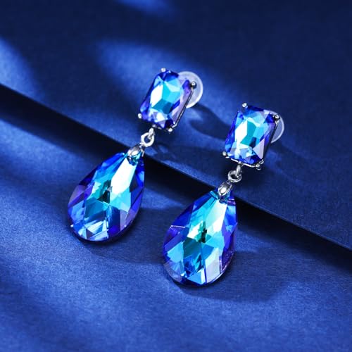 Crystal Heart Teardrop Dangle Earrings for Women Hypoallergenic Multicolor Cubic Zirconia Drop Earrings for Wedding Prom Party Daily Wear - color: Teardropblue